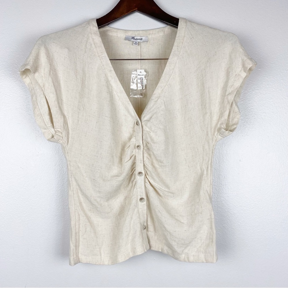 Madewell Cream Ruched Button V-Neck Blouse - Picture 4 of 8
